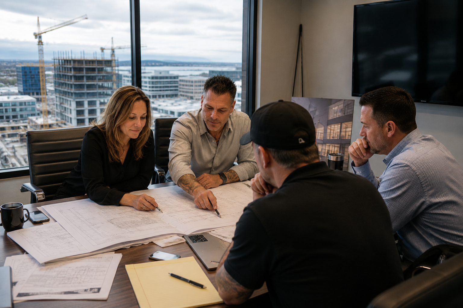 Michael and Courtney Wheeler with the MW leadership team reviewing blueprints